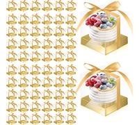 Gerrii 100 Pcs Clear Plastic Individual Cupcake Boxes 3.5" Single Cupcake Containers Transparent Ornament Gift Box with Inserts and Ribbon for Wedding Baby Shower Party Favor(Gold)