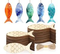 Gerrii 150 Pieces 72 Pieces Wood Cutouts Unfinished Wooden Cutouts with Holes Blank Wooden Hanging Ornaments Slices with Twine for DIY Crafts Party Decoration (Fish)