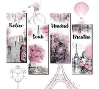 Gerrii 4 Pcs Pink and Grey Bathroom Decor Paris Decor Relax Soak Unwind Breathe Wall Art Farmhouse Bathroom Wedding Newlywed Home Spa Laundry Accessories Wood Hanging Sign(11.81 x 3.15 Inch,Rectangle)