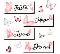 Gerrii 4 Pieces Faith Hope Love Dream Wall Decor Elegant Spring Butterfly Wooden Hanging Decoration Art Butterfly Room Wall Rustic Living Room Accessories for Bedroom Decor(10 x 4 x 0.2 Inch,Pink)