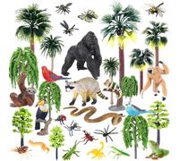 Gerrii 43 Pcs Rainforest Animal Figures Jungle Diorama Set with Trees Insects Moss Snow Cotton and Blue Paper Woodland Creatures Educational Wildlife Animal Habitant Projects Learning