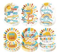 Gerrii 60 Pcs Here Comes the Son Baby Shower Party Plates Boho7 Inch Sun Rainbow Disposable Paper Plates Baby Boy Birthday Decorative Dessert Dinner Favor for Sunshine Party Boy Baby-shower Supplies