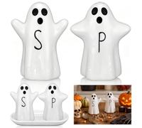Gerrii Ceramic Ghosts Salt & Pepper Shakers Halloween Accessory For The Home and Kitchen Halloween Kitchen Decoration with Base Table Decoration Funny and Cute Holiday Hostess Gift