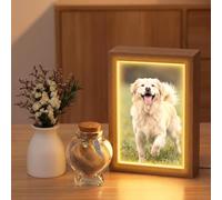 Gerrii Pet Memorial Photo Frame Set 4.5 x 6.5 Wooden Keepsake Picture Frame with Light Mini Ashes Fur Glass Jar Dried Forget Me Not Flower Vases DIY Remembrance Sympathy Gift for Loss of Dog Lovers