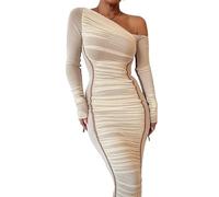 GeRRiT 2024 Spring New Dress Sexy Mesh Splicing Slope Neck Off-shoulder Slim Long Dress (Color : White, Size : L)