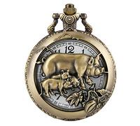 GeRRiT Adorable Pig Half-Hearted Bronze Case Pocket Watch for Men, Durable Slim Chain Pocket Watches for Female, Practical Arabic Numerals Dial Pendant Watch for Teens