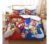 Gerrit Bedding Single Bed Set Sonic Vs Mario Printed Single Size Bedding Sets Super Soft Microfiber Duvet Covers with Zipper with Pillowcases Hypoallergenic for Kids Teenagers Adult Aged Bedding