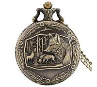 GeRRiT Classic Bronze Quartz Pocket Watch for Men, Delicate Wolves Pattern Pocket Watches for Boys, Durable Slim Chain Pendant Watch for Women,Mens Silver Watch