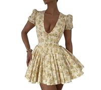 GeRRiT French Sweet Style Summer New Sexy Deep V Slim Waist Short-sleeved Medium Pleated Floral Dress For Women (Color : Yellow, Size : S)