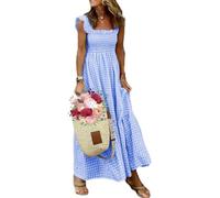 GeRRiT Multi-plaid shirred half-length dress Summer ruffled off-the-shoulder dress Women's retro plaid shirred dress spaghetti straps ruffled dress