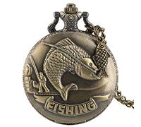 GeRRiT Pocket Watch Vivid Fishing Carving Design Quartz Pocket Watch Vintage Bronze Interesting Design Angling Clock for Men Women Fish Accessory