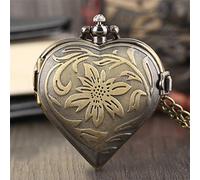 GeRRiT Retro Bronze Flower Pattern Heart Shape Quartz Pocket Watch Vintage Necklace Steampunk Pendant Chain Men Women