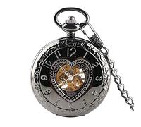 GeRRiT Retro Pocket Watch,Retro Black Heart Shape Half Hunter MechanicalSteampunk 30 cm Chain Pocket Pendant Clock Gift Men Women