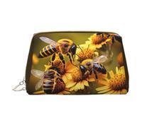 GeRRiT Rural Honey Bees Flowers Print Leather Travel Cosmetic Organizer, Zipper Pouch, Multifunctional Storage Cosmetic Bag, Rural Honey Bees Flowers, One Size