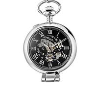 GeRRiT Stainless Steel Men Pocket Watch Skeleton Dial Silver Hand Wind Mechanical Male Chain Watches