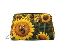 GeRRiT Sunflower Bees Print Leather Travel Cosmetic Organizer, Zipper Pouch, Multifunctional Storage Cosmetic Bag, Sunflower Bees, One Size