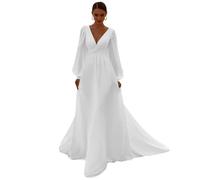 GeRRiT Wedding Dress, White 42, Floor Length, Long Sleeve, V-Neck, Plus Size, Mermaid Style, High Waist, Solid Color, Women's Special Occasion, Wedding Attendees, Dress