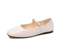 Gerrit Women's Mary Jane Shoes Comfortable Square Toe Flats Buckle Strap Ballet Flats Comfortable Leather Dress Shoes (Color : White, Size : 5 UK)