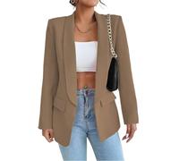 Gerrit Women's Suit Sporty Elegant with Pockets Lapels Suit Jacket Open Front Cardigan Plain Slim Business Long Sleeve Office Jacket Chic Blazer for Wedding (Color : Khaki, Size : L)