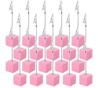 Gersoniel 20 Pcs Cube Base Memo Clip Holder with Alligator Clip Wood Base Table Number Holder Cube Base Place Card Holder Mini Photo Holder Clip Menu Holder for Displaying Number Card(Pink)