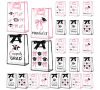 Gersoniel 24 Pack Graduate Gift Bags with Handles Clear Plastic Pink Bow Graduate Party Gift Bag with Ribbon Congrats Grad You Did It Treat Bags Favor Bag for Graduation Party, 7 x 10 x 3.15 Inch