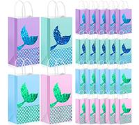Gersoniel 24 Pieces Mermaid Party Favors Bags Mermaid Birthday Gift Bags Candy Goodie Treat with Handles Princess Theme Glitter Paper for Under the Sea Baby Shower Party