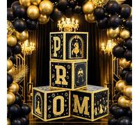 Gersoniel 4 Pcs Prom Decorations Boxes, Prom Night Glitter Balloon Boxes, Grad Box with Letter for Elegant Photo Booth & Party Decor, Formal Events, Graduations Senior Night Decor(Gold)