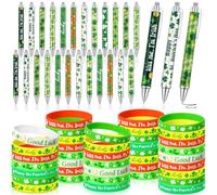 Gersoniel 72 Pcs St Patricks Day Party Favors Bulk St Patrick's Day Bracelets Ballpoint Pens Gifts Set Green Shamrock Wristbands Lucky Clover Pens for Irish Party Office Supplies Accessories