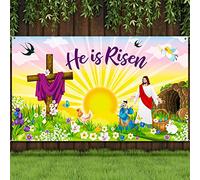 Gersoniel Happy Easter Decorations He is Risen Backdrop Decor Banner Jesus is Live Photo Booth Background Resurrection Cross Easter Bible Banner for Party Supplies, 72.8 x 43.3 Inches