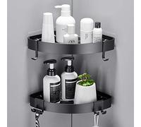 GERUIKE Bathroom Corner Shelves No Drilling, 2-Pack Wall Mounted Shower Caddy Basket Matt Black Aluminium Shelf with Hooks & Strong Adhesive for Shower Gel Organiser