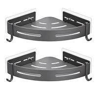 GERUIKE Shower Corner Shelves No Drilling Adhesive Bathroom Shelf, 2-Pack Matt Grey Aluminium Organiser with Hooks - Strong Hold, Rustproof & Wall Mounted
