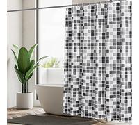 GERUIKE Weighted Shower Curtain 180 x 180 cm, Waterproof Anti-Mould Textile 130GSM Polyester Fabric, Machine Washable with 12 Rings & Black Grey White Mosaic Pattern