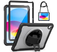 Gerutek Case for iPad A16 11th Generation 2025 & 10th Generation 2022, Heavy Duty Shockproof Rugged Cover with Screen Protector, Clear Back, 360° Rotating Stand & Hand Strap, Shoulder Strap, Black