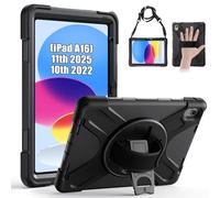 Gerutek Case for iPad A16 11th Generation 2025 (11") & 10th Generation 2022 (10.9"), Shockproof Heavy Duty Cover with 360° Rotating Stand & Hand Strap, Shoulder Strap, Pencil Holder, Black