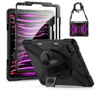 Gerutek Case for iPad Pro 12.9 with Screen Protector, iPad Pro 6th/5th/4th/3rd Gen 12.9 Case Shockproof Rugged Cover with 360° Rotating Stand & Hand/Shoulder Strap,Pen Holder for iPad 12.9 Pro, Black