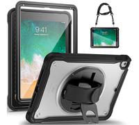 Gerutek for iPad 6th/5th Generation Cases With Screen Protector, iPad Pro 9.7 Case, iPad Air 2 Case Shockproof with [360° Stand][Hand & Shoulder Strap][Pencil Holder] Case for iPad 9.7, Black/Clear