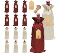 GESDYO 12Pcs Wine Bottle Bags with Drawstring Premium Burlap Wine Gift Bags Reusable with Blank Tags & Ropes Hessian Jute Christmas Wine Covers for Xmas, Wedding, Birthday Gift Packaging
