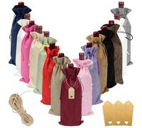 GESDYO 15PCS Reusable Burlap Wine Gift Bags with Drawstring Ropes and Tags Elegant Linen Wine Bottle Covers in 15 Assorted Colours for Christmas, Wedding, Birthday and Holiday Gifting