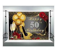 GESEN 50th Birthday Backdrop for Photography, 10x7FT, Golden Balloons Champagne Shining High Heels Red Rose Photo Background, Mother Women Birthday Party Decoration Banner,Photo Studio Props LSGE1377