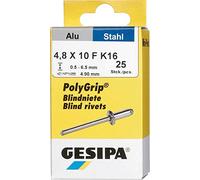 Gesipa 1433852 "PolyGrip" Aluminium/Steel Blind Rivets with Large Head, Silver, 4.8 x 10 mm, Set of 25 Piece