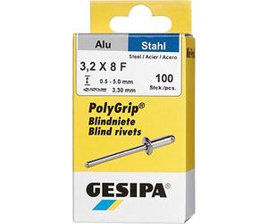 GESIPA PolyGrip 1433846 Blind Rivets Aluminium/Steel 3.2 x 8 / Rivet Shank Diameter 3.2 mm Shear Force 720 N Tensile Force 1050 N Flat Round Head Pack of 100
