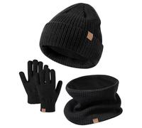 Gesmay Kids Winter Accessories Set, 3-in-1 Hat Scarf Gloves, Touch Screen Gloves, Knit Warm Toddler Winter Cap, Neck Warmer, Beanie Hat, Modern Style, Unisex, Age 5-12 (Black)