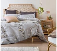 Get Bed Ready Sakura Blossom Japanese Oriental Style Cherry Almond Bloom Floral Branches Print Duvet Cover 400tc Cotton Chinoiserie Chic Bedding 3 Piece Set (Queen, Light Grey)