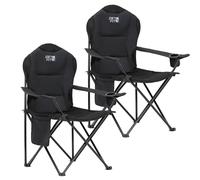 Get Fit Premium Foldable Thick Padded Camping Chair 3kg - Cup Holder, Carry Bag, Pocket - Set of 2 - Black