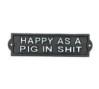 Get Goods Cast Iron Happy Pig Sign Black Garden Gate Metal Vintage Novelty Fun Wall Plaque