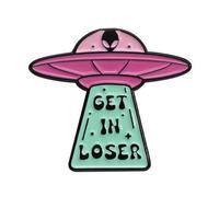Get In Loser UFO Enamel Pin Pink Flying Saucer Alien Abduction Quote Metal Lapel Badge For Jackets Bags Collectors Gift 2.8 x 3cm