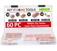 Get It Done Tools WAGO 221 Series Lever Nuts 60pc Compact Splicing Wire Connector Assortment with Case. Includes (30x) 221-412, (12x) 221-413, (8X) 221-415, (10x) 221-2401