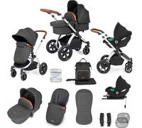 Get More for Less! Ickle Bubba Stomp Luxe 14-Piece Travel System Bundle with i-Size Cirrus Car Seat & ISOFIX Base, Bubba&Me Crib, Pushchair, Footwarmers, Rain Cover & More (Silver/Charcoal Grey/Tan)