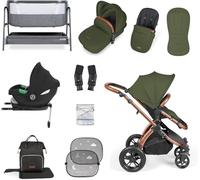 Get More for Less! Ickle Bubba Stomp Luxe 14-Piece Travel System Bundle with i-Size Cirrus Car Seat & ISOFIX Base, Bubba&Me Crib, Pushchair, Footwarmers, Rain Cover & More (Bronze/Woodland/Tan)