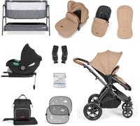Get More for Less! Ickle Bubba Stomp Luxe 14-Piece Travel System Bundle with i-Size Cirrus Car Seat & ISOFIX Base, Bubba&Me Crib, Pushchair, Footwarmers, Rain Cover & More (Black/Desert/Tan)